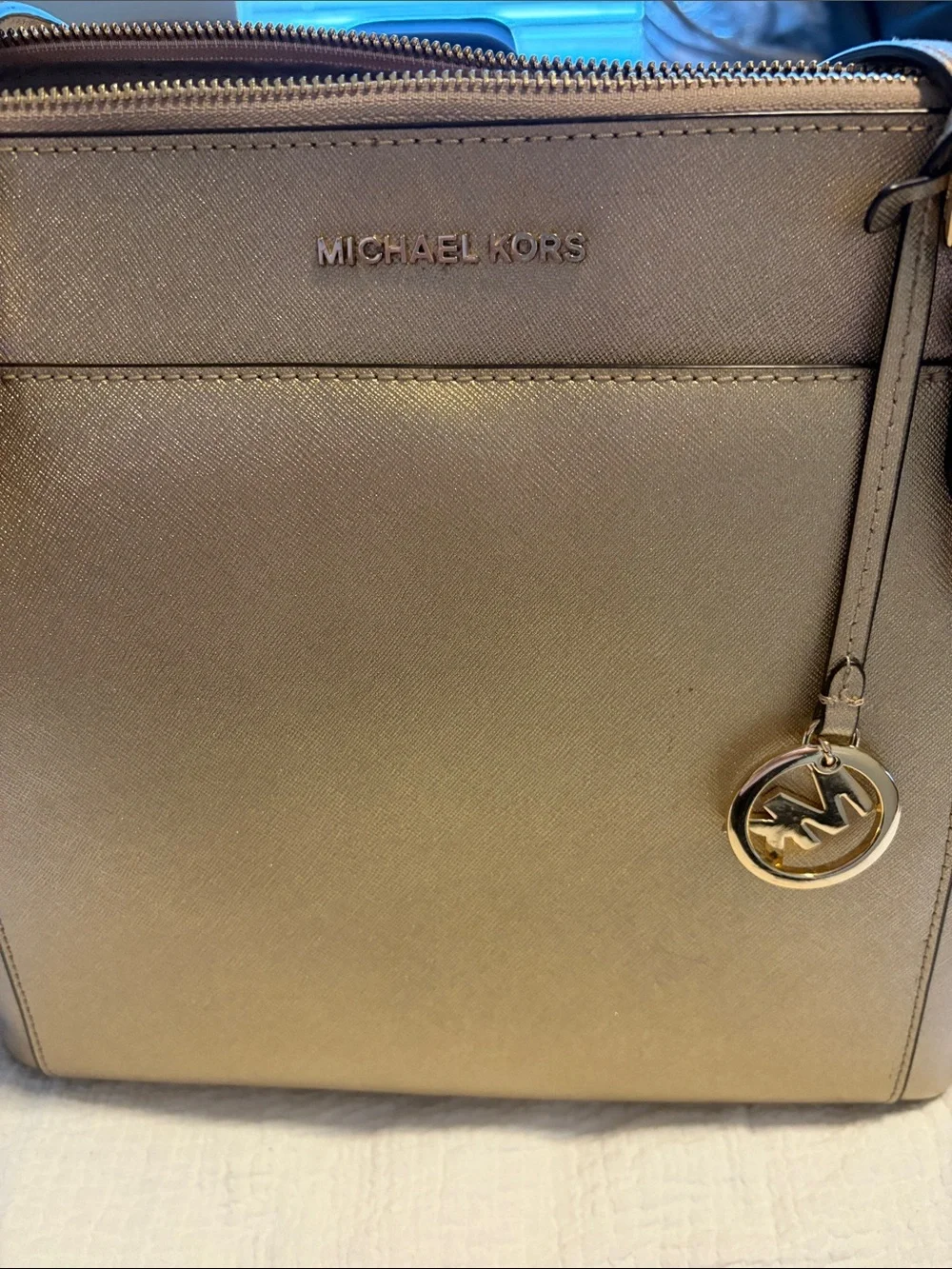 Michael Kors Metallic Champagne Leather Tote with MK Charm
